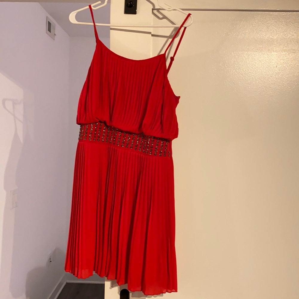 red spaghetti strap dress with ruffles and sequin middle, medium